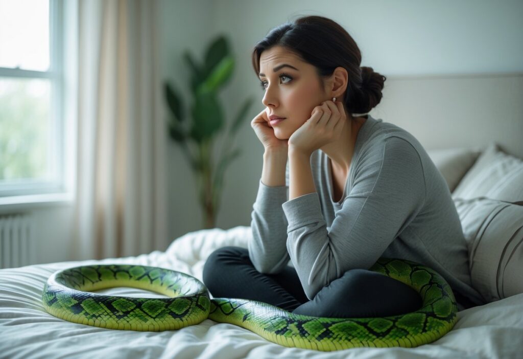 Mulher pensativa sentada na cama com uma cobra verde enrolada ao lado dela.