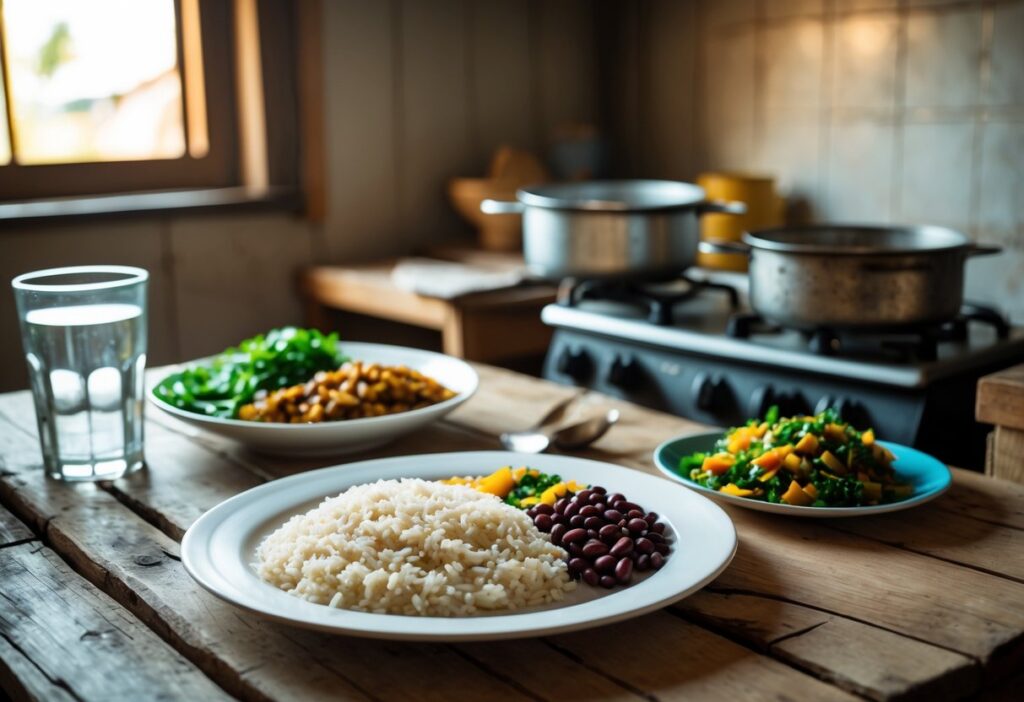 Mesa simples com uma refeição caseira modesta composta por arroz, feijão e legumes, em uma cozinha humilde e iluminada pela luz natural.