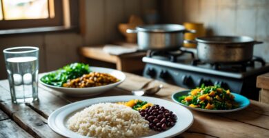 Mesa simples com uma refeição caseira modesta composta por arroz, feijão e legumes, em uma cozinha humilde e iluminada pela luz natural.