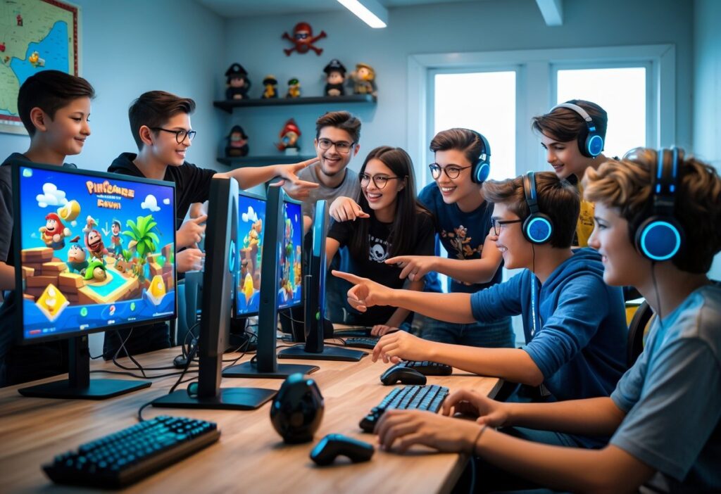 Grupo de jovens jogando videogame juntos em um ambiente iluminado com computadores e acessórios de jogos.