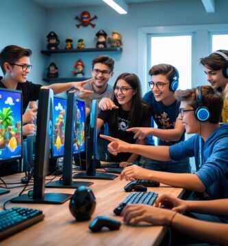 Grupo de jovens jogando videogame juntos em um ambiente iluminado com computadores e acessórios de jogos.