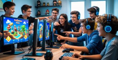 Grupo de jovens jogando videogame juntos em um ambiente iluminado com computadores e acessórios de jogos.