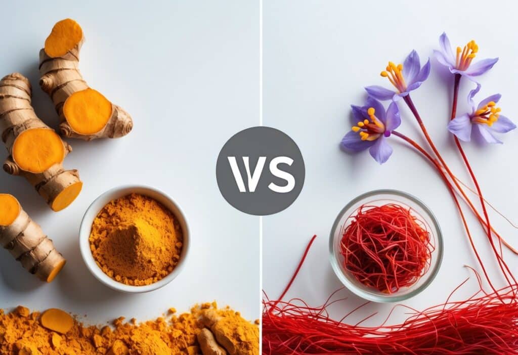 Raízes e pó de cúrcuma ao lado de fios vermelhos de açafrão e flores de açafrão sobre fundo branco.