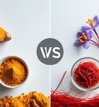 Raízes e pó de cúrcuma ao lado de fios vermelhos de açafrão e flores de açafrão sobre fundo branco.