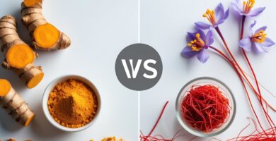 Raízes e pó de cúrcuma ao lado de fios vermelhos de açafrão e flores de açafrão sobre fundo branco.