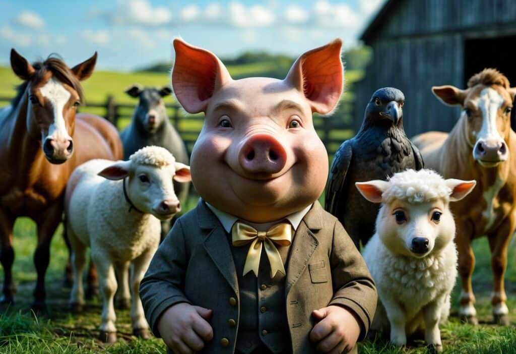 Grupo de animais da fazenda representando personagens da Revolução dos Bichos, incluindo um porco líder, um cavalo, um corvo e um cachorro, em um cenário rural com celeiro e campos verdes.