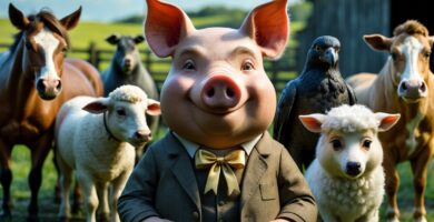 Grupo de animais da fazenda representando personagens da Revolução dos Bichos, incluindo um porco líder, um cavalo, um corvo e um cachorro, em um cenário rural com celeiro e campos verdes.
