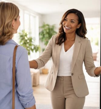 Duas pessoas sorrindo e conversando na entrada de uma casa moderna, em um ambiente iluminado e acolhedor.