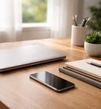 Mesa de escritório organizada com laptop fechado, smartphone, planta pequena e cadernos empilhados, iluminada por luz natural suave.