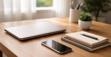 Mesa de escritório organizada com laptop fechado, smartphone, planta pequena e cadernos empilhados, iluminada por luz natural suave.
