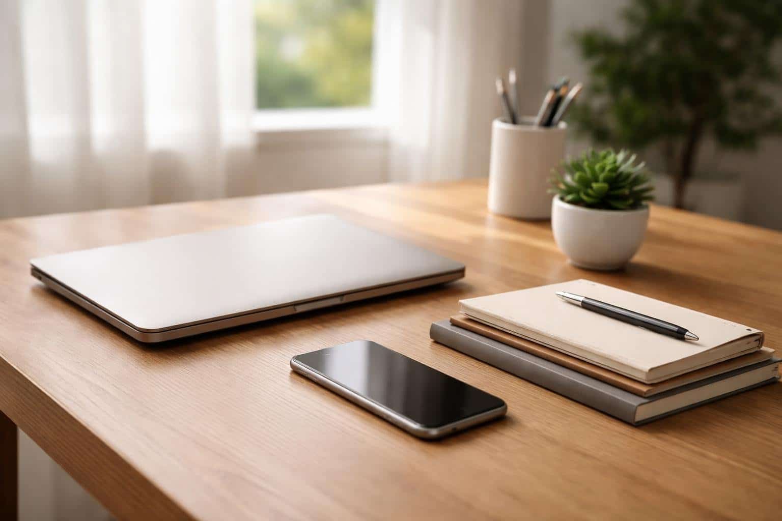 Mesa de escritório organizada com laptop fechado, smartphone, planta pequena e cadernos empilhados, iluminada por luz natural suave.