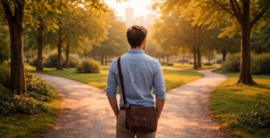 Uma pessoa jovem e pensativa em uma bifurcação de caminhos em um parque urbano com árvores verdes ao entardecer.