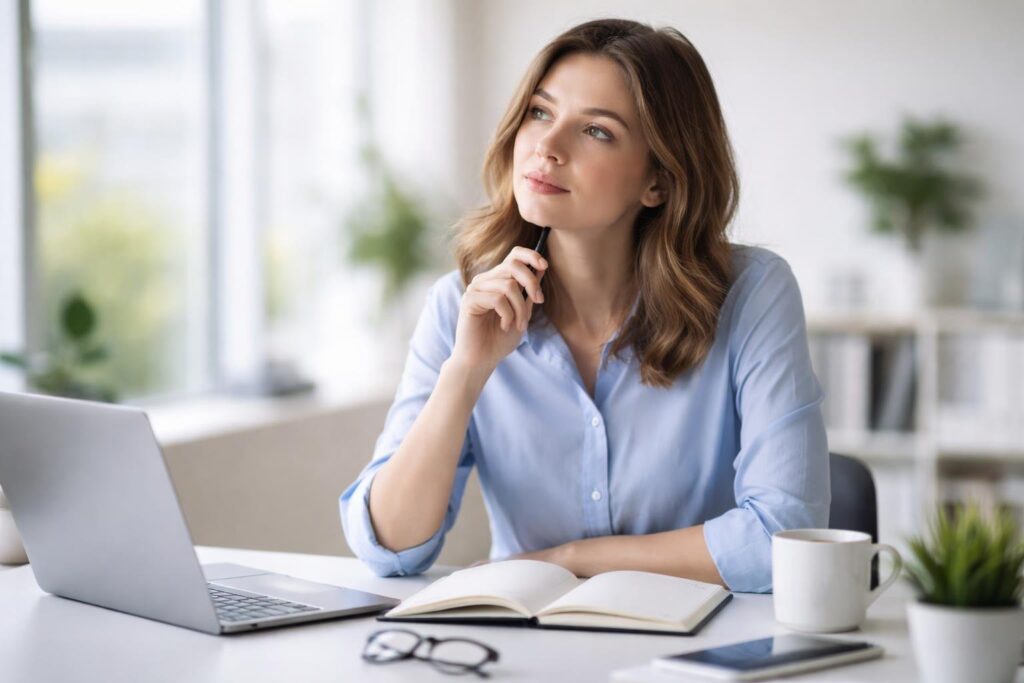 Pessoa jovem pensativa sentada em uma mesa moderna de escritório, olhando para um caderno aberto com uma caneta na mão.