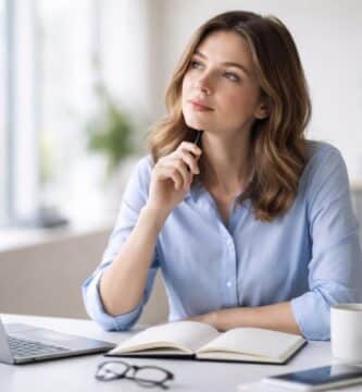 Pessoa jovem pensativa sentada em uma mesa moderna de escritório, olhando para um caderno aberto com uma caneta na mão.