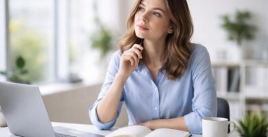 Pessoa jovem pensativa sentada em uma mesa moderna de escritório, olhando para um caderno aberto com uma caneta na mão.