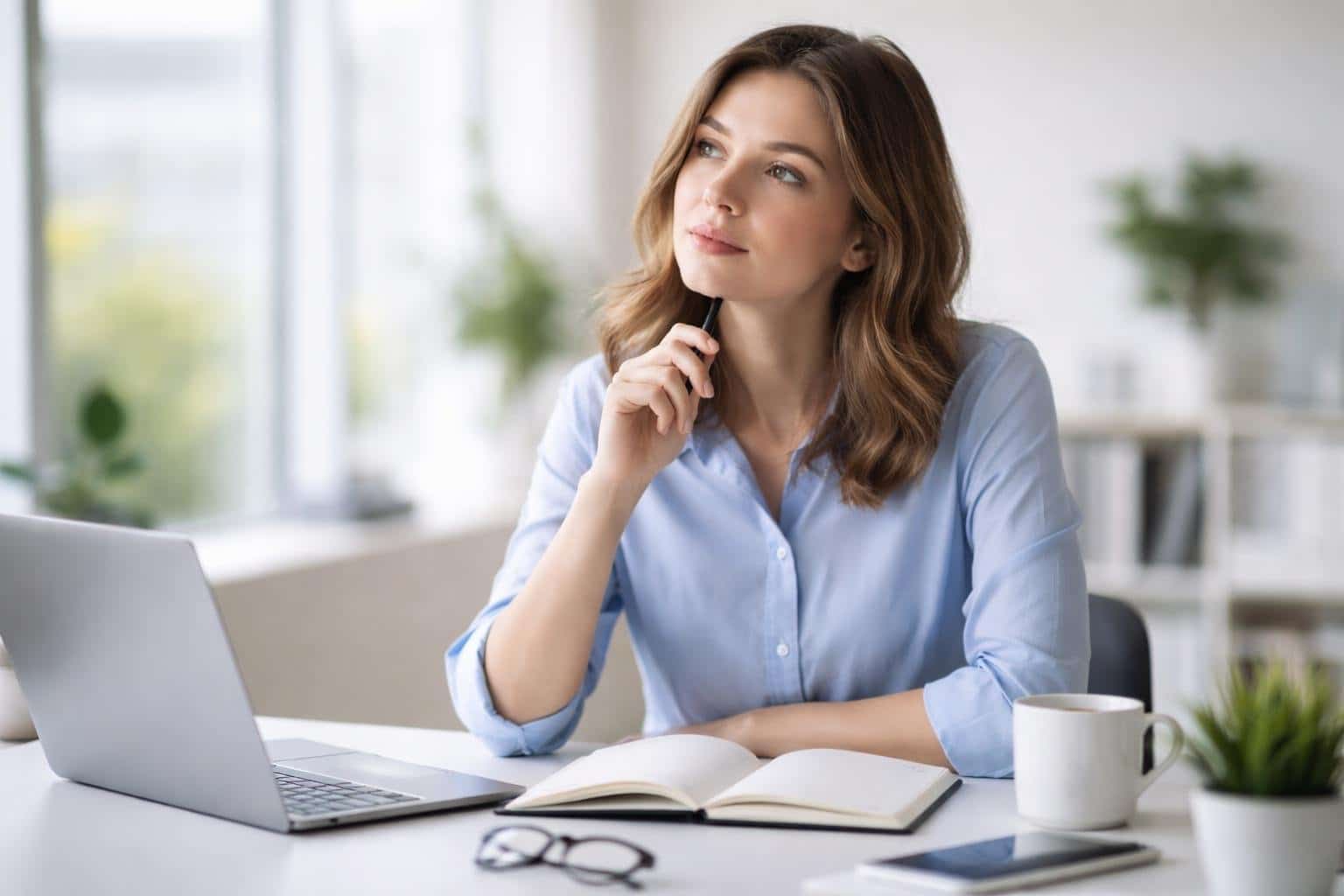 Pessoa jovem pensativa sentada em uma mesa moderna de escritório, olhando para um caderno aberto com uma caneta na mão.