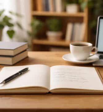 Mesa de madeira com um caderno aberto, caneta, livros, xícara de café e laptop em uma sala de estudo aconchegante.