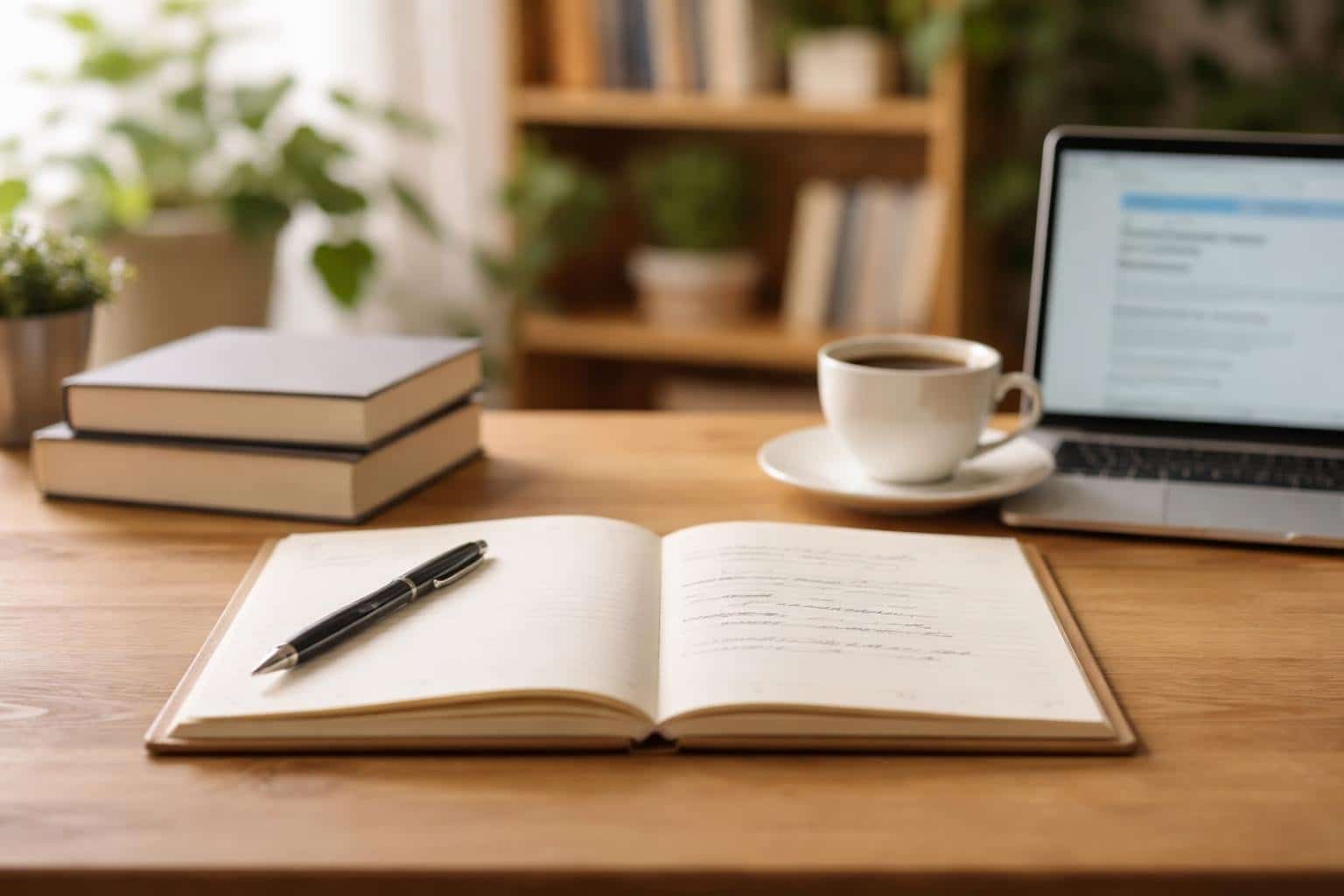 Mesa de madeira com um caderno aberto, caneta, livros, xícara de café e laptop em uma sala de estudo aconchegante.