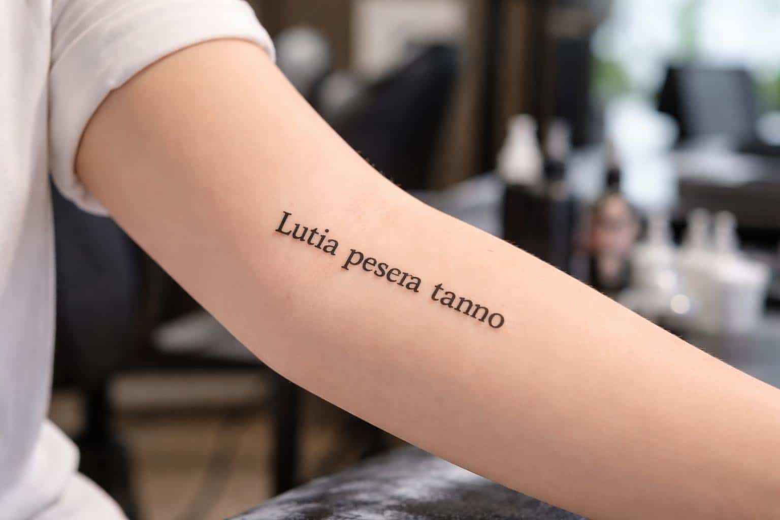 Braço de uma pessoa com uma tatuagem em latim no antebraço, em um estúdio de tatuagem com equipamentos ao fundo.