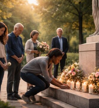 Grupo de pessoas em um parque ao redor de um monumento, colocando flores e refletindo em homenagem.