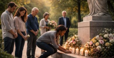 Grupo de pessoas em um parque ao redor de um monumento, colocando flores e refletindo em homenagem.