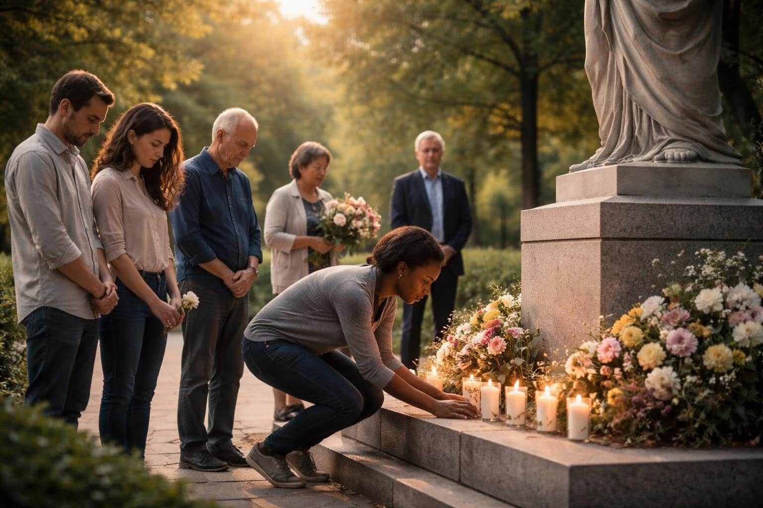 Grupo de pessoas em um parque ao redor de um monumento, colocando flores e refletindo em homenagem.
