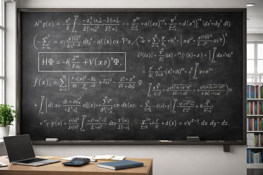 Um quadro negro com uma equação matemática complexa escrita em giz branco, em uma sala de aula ou escritório moderno, com livros e materiais de estudo ao fundo.