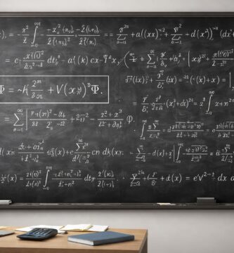 Um quadro negro com uma equação matemática complexa escrita em giz branco, em uma sala de aula ou escritório moderno, com livros e materiais de estudo ao fundo.