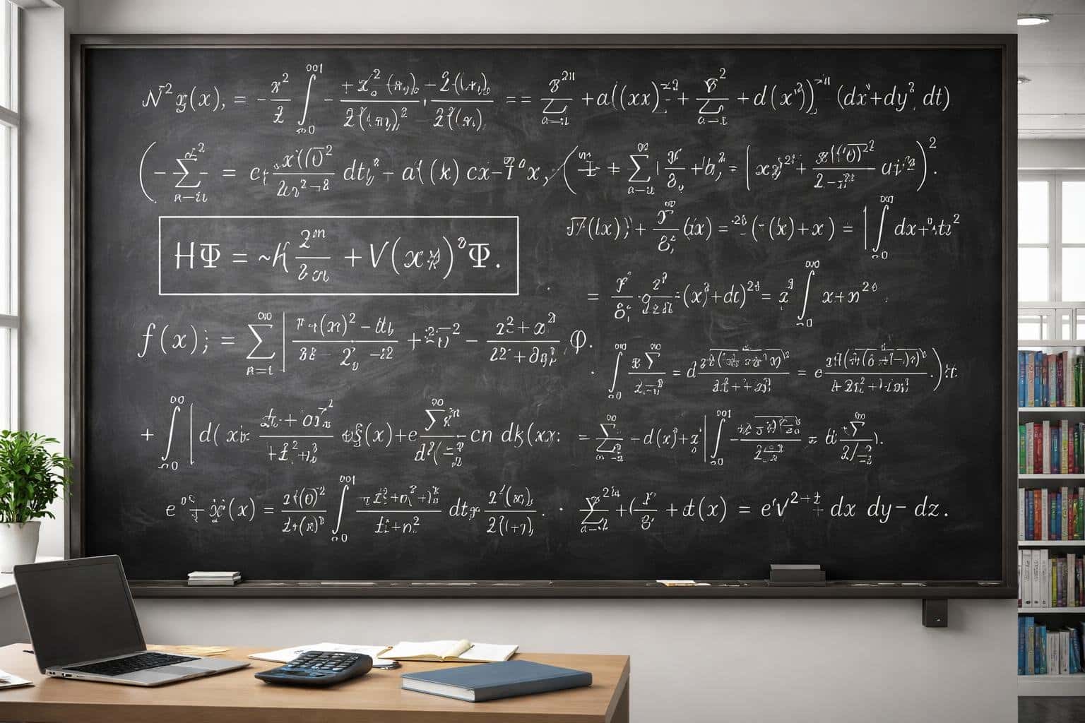 Um quadro negro com uma equação matemática complexa escrita em giz branco, em uma sala de aula ou escritório moderno, com livros e materiais de estudo ao fundo.