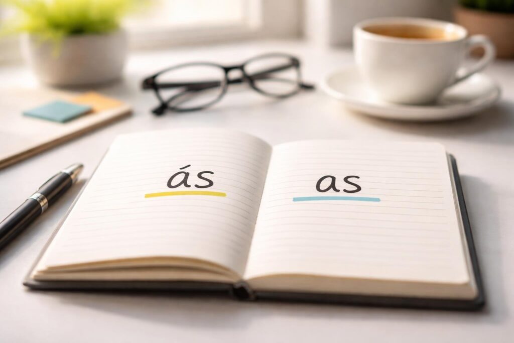 Livro aberto em uma mesa com anotações manuscritas mostrando as palavras 'às' e 'as', cercado por uma caneta, óculos e uma xícara de café.