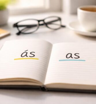 Livro aberto em uma mesa com anotações manuscritas mostrando as palavras 'às' e 'as', cercado por uma caneta, óculos e uma xícara de café.