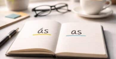 Livro aberto em uma mesa com anotações manuscritas mostrando as palavras 'às' e 'as', cercado por uma caneta, óculos e uma xícara de café.