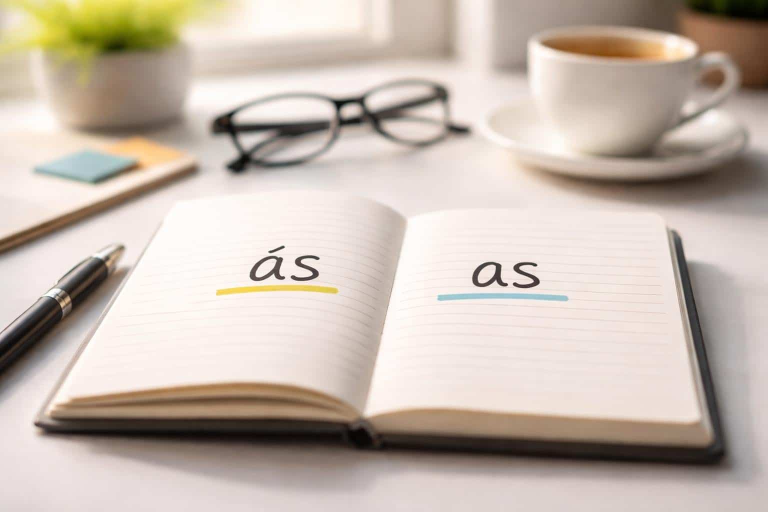 Livro aberto em uma mesa com anotações manuscritas mostrando as palavras 'às' e 'as', cercado por uma caneta, óculos e uma xícara de café.