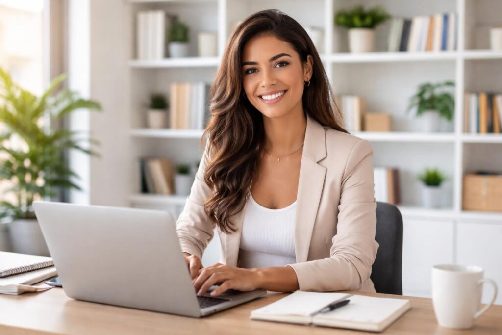 Mulher jovem e profissional sentada à mesa de escritório sorrindo, com laptop aberto e ambiente organizado ao fundo.