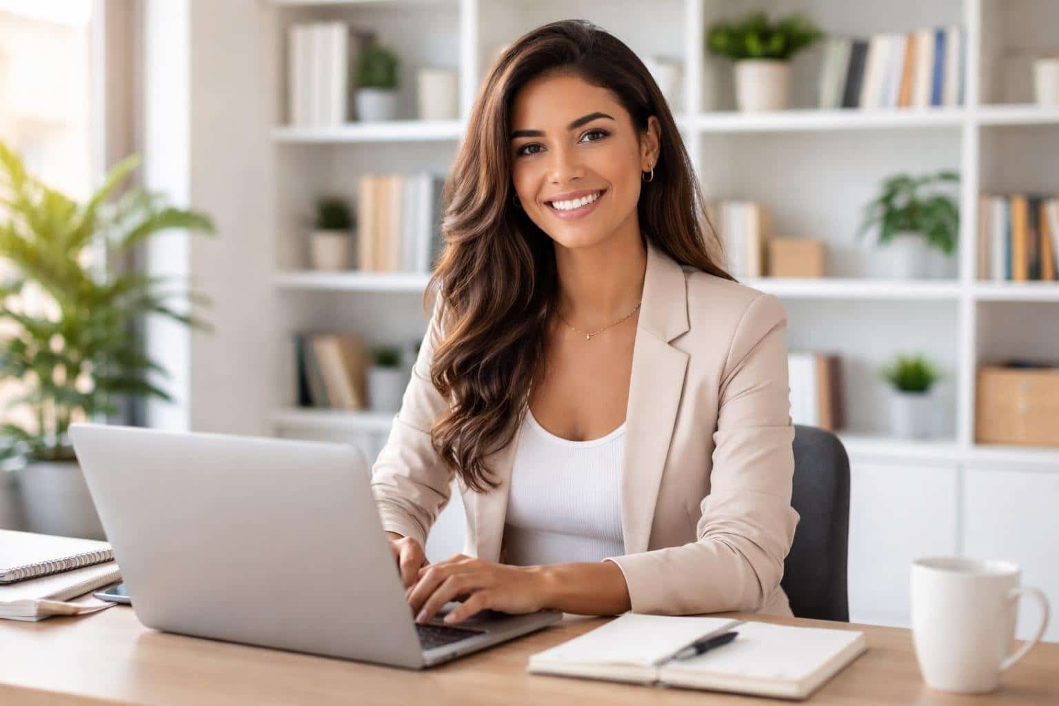 Mulher jovem e profissional sentada à mesa de escritório sorrindo, com laptop aberto e ambiente organizado ao fundo.