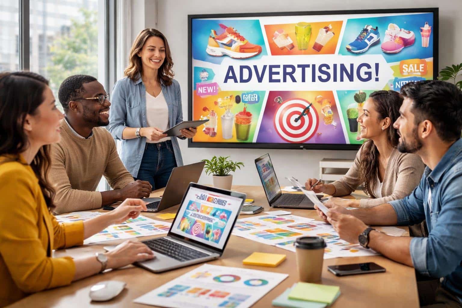 Profissionais de marketing colaborando em uma sala de reunião moderna com laptops e materiais de publicidade sobre a mesa.