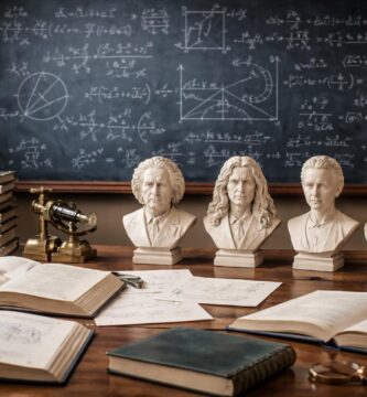 Ambiente de estudo com livros de física abertos, papéis científicos e um quadro-negro com equações de física, incluindo pequenas estátuas de físicos famosos sobre a mesa.