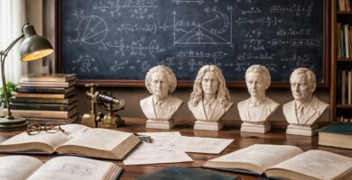 Ambiente de estudo com livros de física abertos, papéis científicos e um quadro-negro com equações de física, incluindo pequenas estátuas de físicos famosos sobre a mesa.