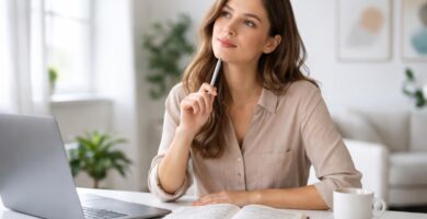 Mulher jovem pensativa sentada em uma mesa de escritório com caderno aberto, laptop e xícara de café.