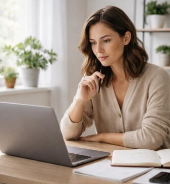 Pessoa jovem pensativa sentada em uma mesa moderna em um escritório doméstico iluminado, olhando para um laptop com expressão concentrada.