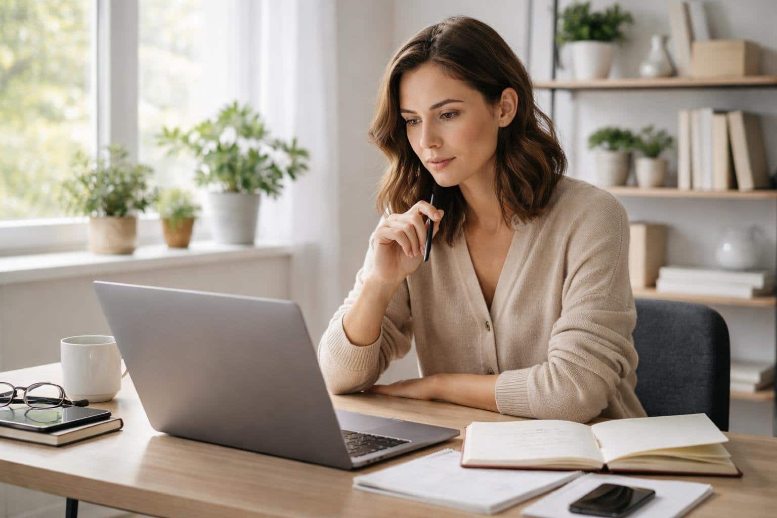 Pessoa jovem pensativa sentada em uma mesa moderna em um escritório doméstico iluminado, olhando para um laptop com expressão concentrada.