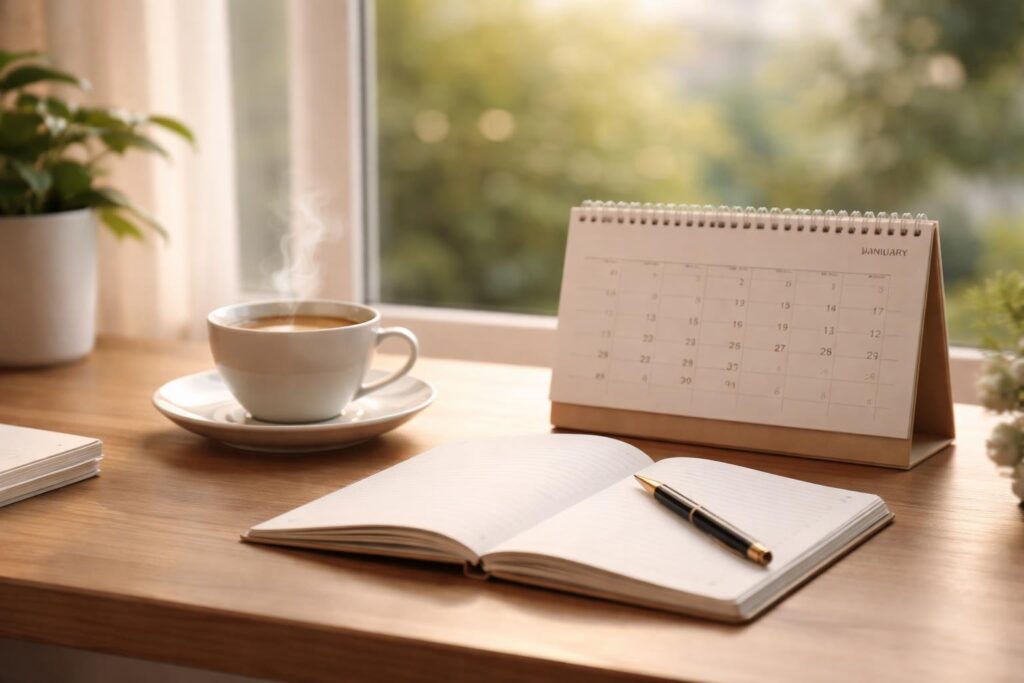 Mesa de trabalho com calendário, xícara de café e caderno aberto perto de uma janela iluminada, sugerindo momentos ocasionais de reflexão.