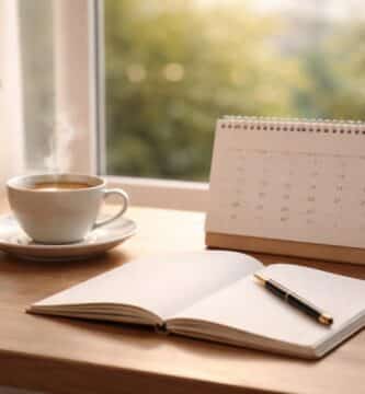 Mesa de trabalho com calendário, xícara de café e caderno aberto perto de uma janela iluminada, sugerindo momentos ocasionais de reflexão.