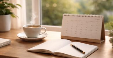 Mesa de trabalho com calendário, xícara de café e caderno aberto perto de uma janela iluminada, sugerindo momentos ocasionais de reflexão.