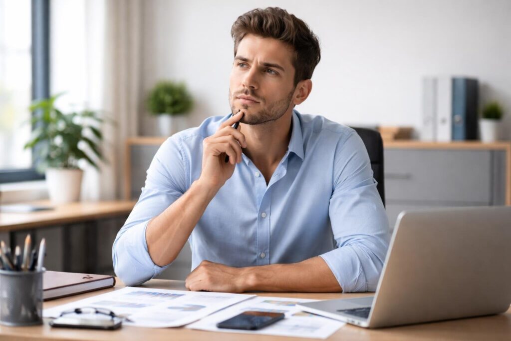 Homem jovem sentado em uma mesa de escritório moderno, pensativo enquanto olha para documentos e um laptop, em um ambiente organizado e iluminado pela luz natural.