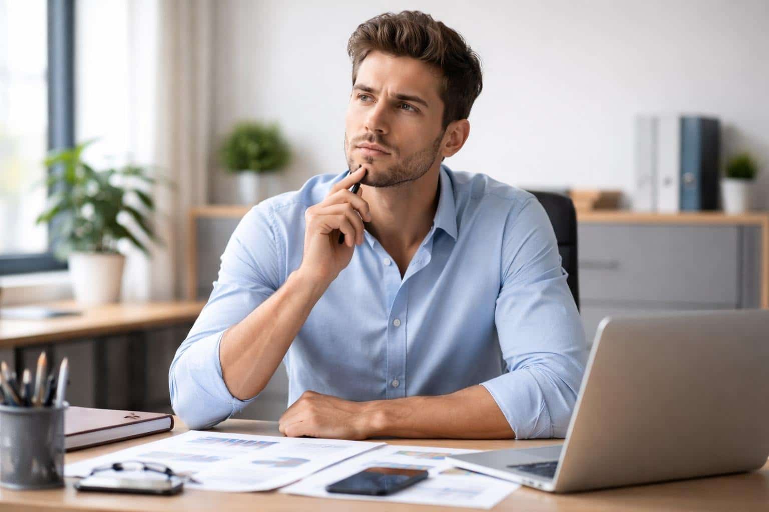 Homem jovem sentado em uma mesa de escritório moderno, pensativo enquanto olha para documentos e um laptop, em um ambiente organizado e iluminado pela luz natural.