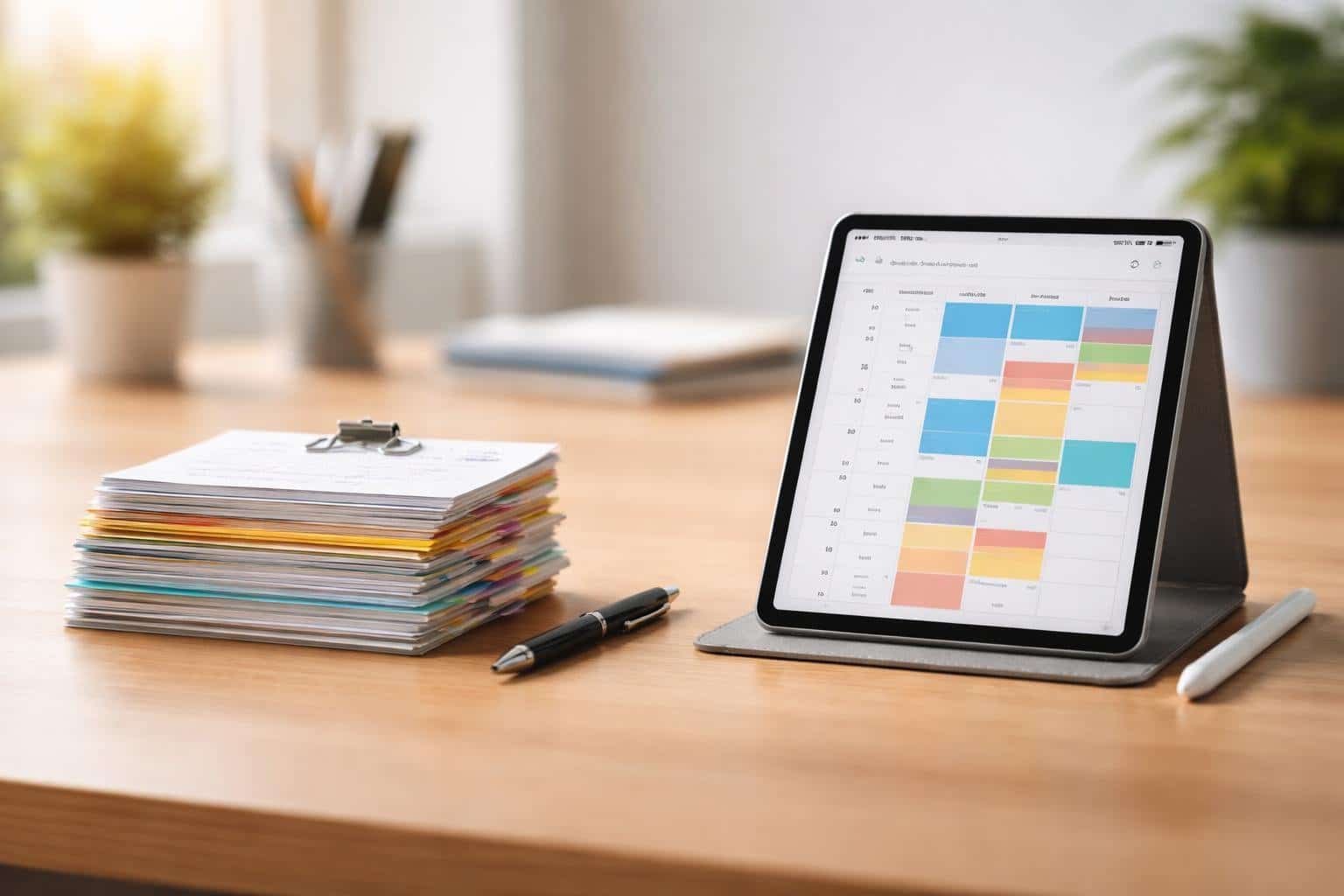 Mesa de escritório com uma pilha de fichas coloridas ao lado de um tablet mostrando um calendário, simbolizando a escolha entre fixa e ficha.