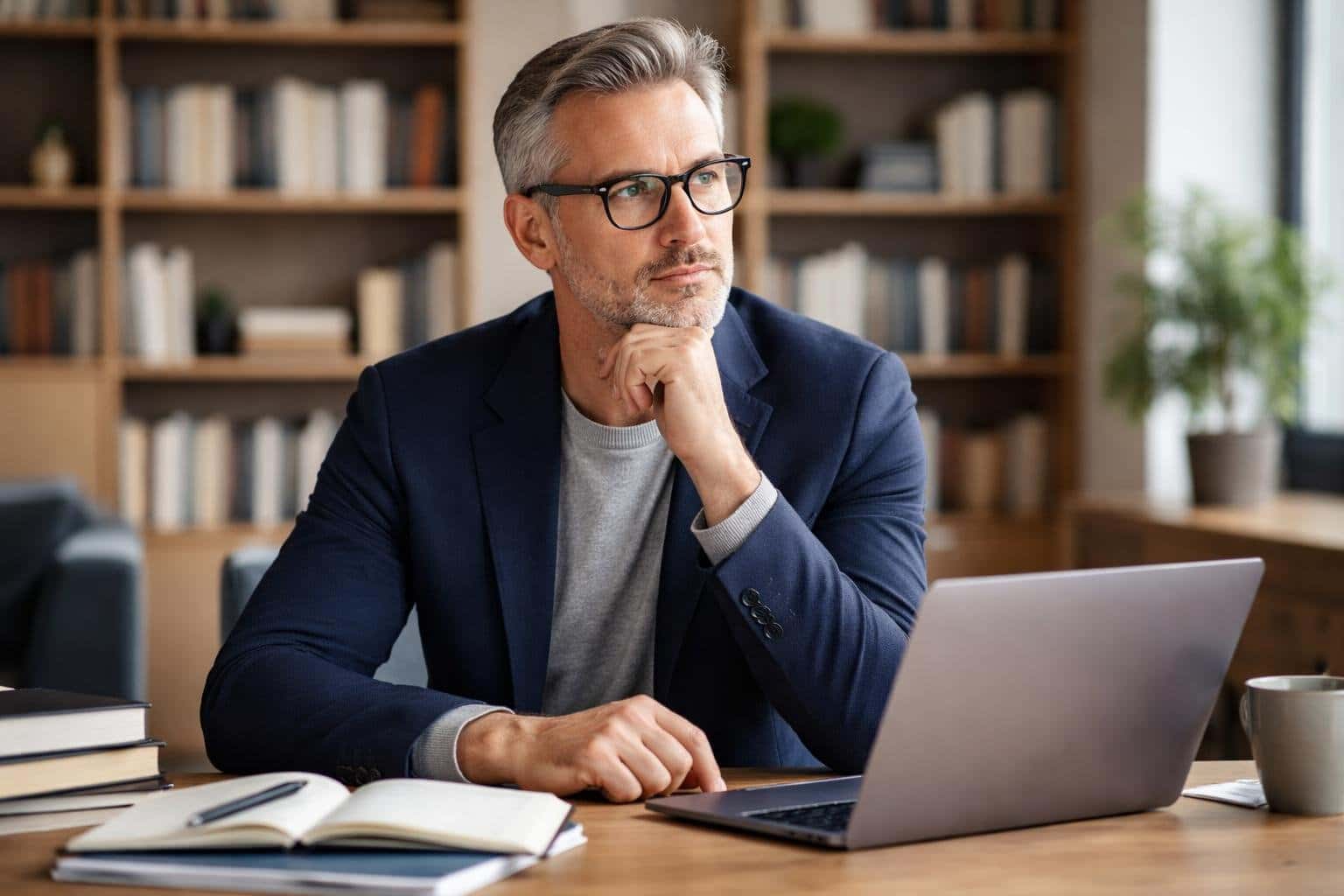 Homem de meia-idade sentado em uma mesa de escritório moderno, com expressão pensativa e roupas casuais elegantes.
