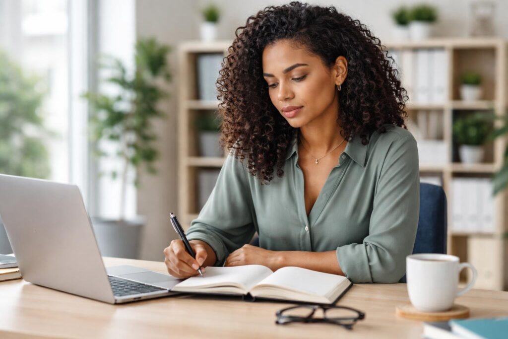 Mulher jovem sentada em uma mesa de escritório, olhando pensativa para um caderno aberto enquanto segura uma caneta.