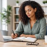 Mulher jovem sentada em uma mesa de escritório, olhando pensativa para um caderno aberto enquanto segura uma caneta.